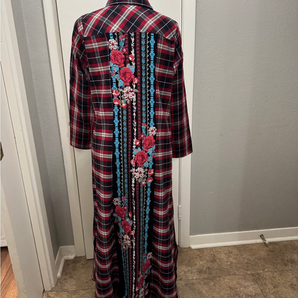 Red Plaid Long Coat with Floral Accents